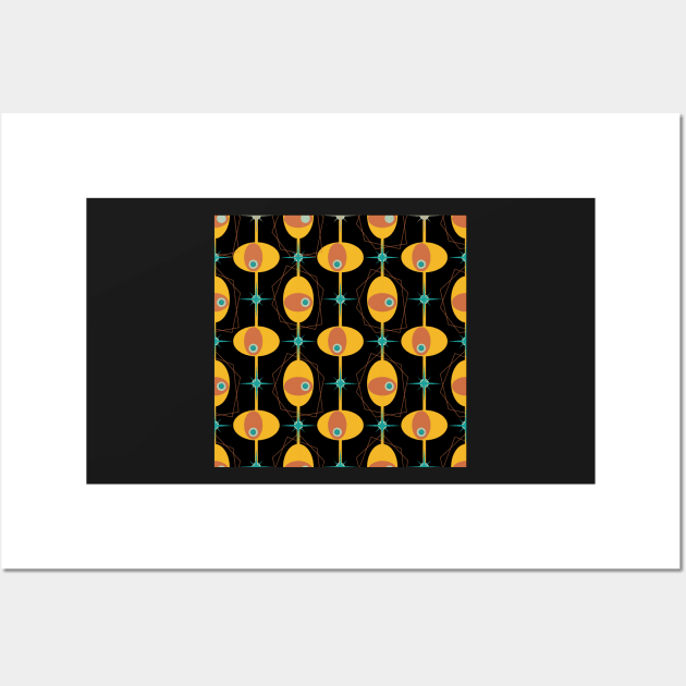 Retro 1950s Gold All Over Pattern - black background Wall Art by Tee's Tees